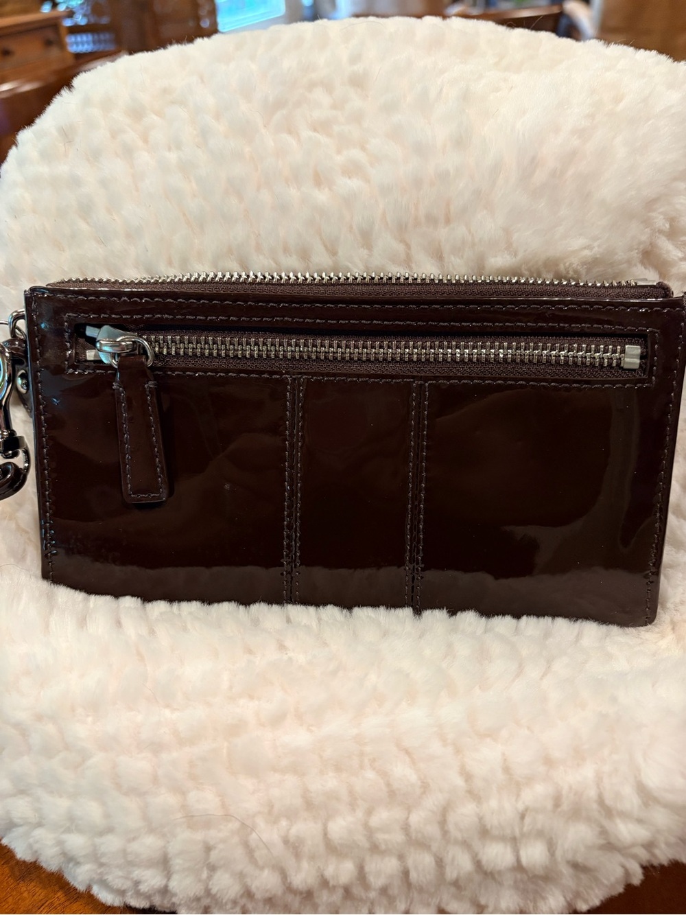 Coach Brown Patent Leather Wristlet with large animal print scarf - Picture 2 of 13